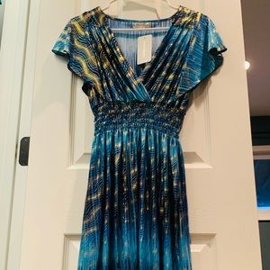 Blue and gold midi dress size small
